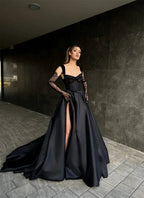 Designer Long Black A-line Lace Sleeveless Prom Dress With Slit by misshow.com