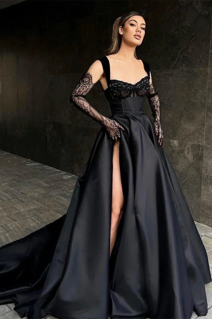 Designer Long Black A-line Lace Sleeveless Prom Dress With Slit by misshow.com