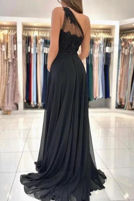 Designer Long Black Evening Dresses One Shoulder Lace Prom Dresses With Slit by misshow.com