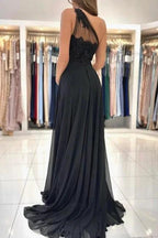 Designer Long Black Evening Dresses One Shoulder Lace Prom Dresses With Slit by misshow.com