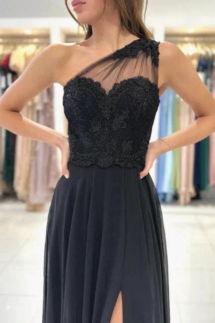 Designer Long Black Evening Dresses One Shoulder Lace Prom Dresses With Slit by misshow.com