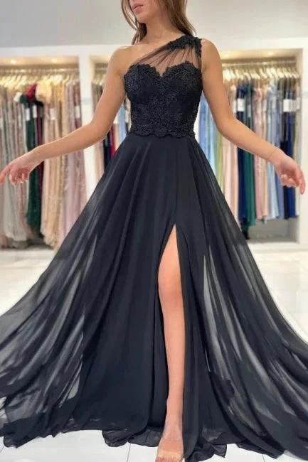Designer Long Black Evening Dresses One Shoulder Lace Prom Dresses With Slit by misshow.com