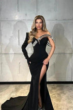 Designer Long Black Mermaid One Shoulder Satin Glitter Long Sleeve Prom Dress with Slit by misshow.com