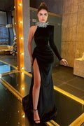 Designer Long Black One Shoulder High Neck Long Sleeve Prom Dress With Slit by misshow.com