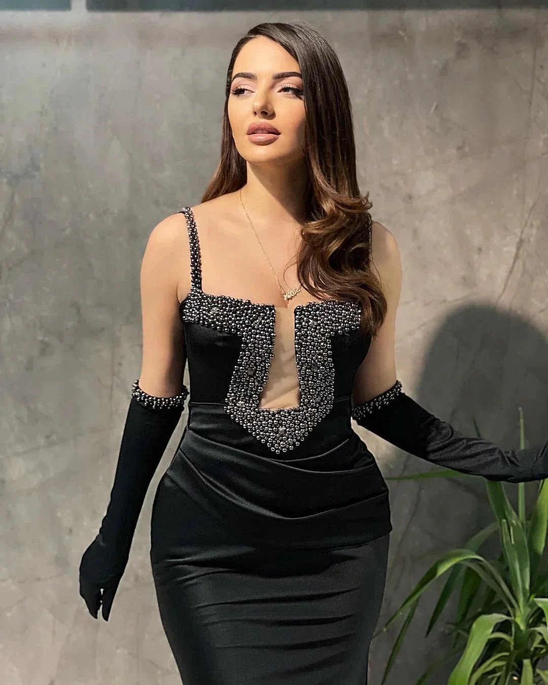 Designer Long Black Spaghetti Straps Beading Sleeveless Mermaid Prom Dress by misshow.com