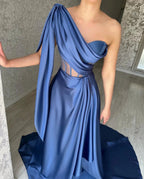 Designer Long Blue A-line One Shoulder Sleeveless Prom Dress by misshow.com