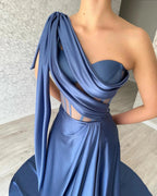 Designer Long Blue A-line One Shoulder Sleeveless Prom Dress by misshow.com