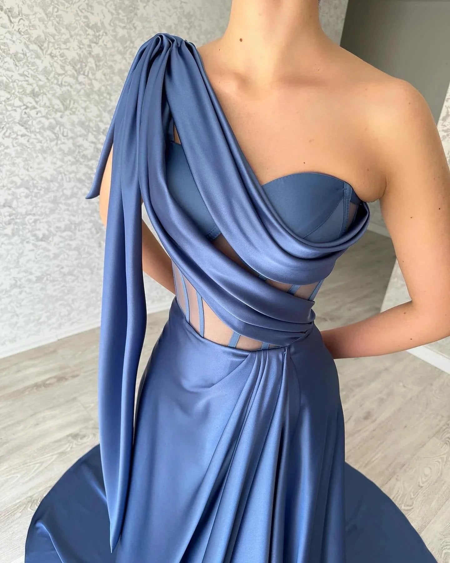 Designer Long Blue A-line One Shoulder Sleeveless Prom Dress by misshow.com