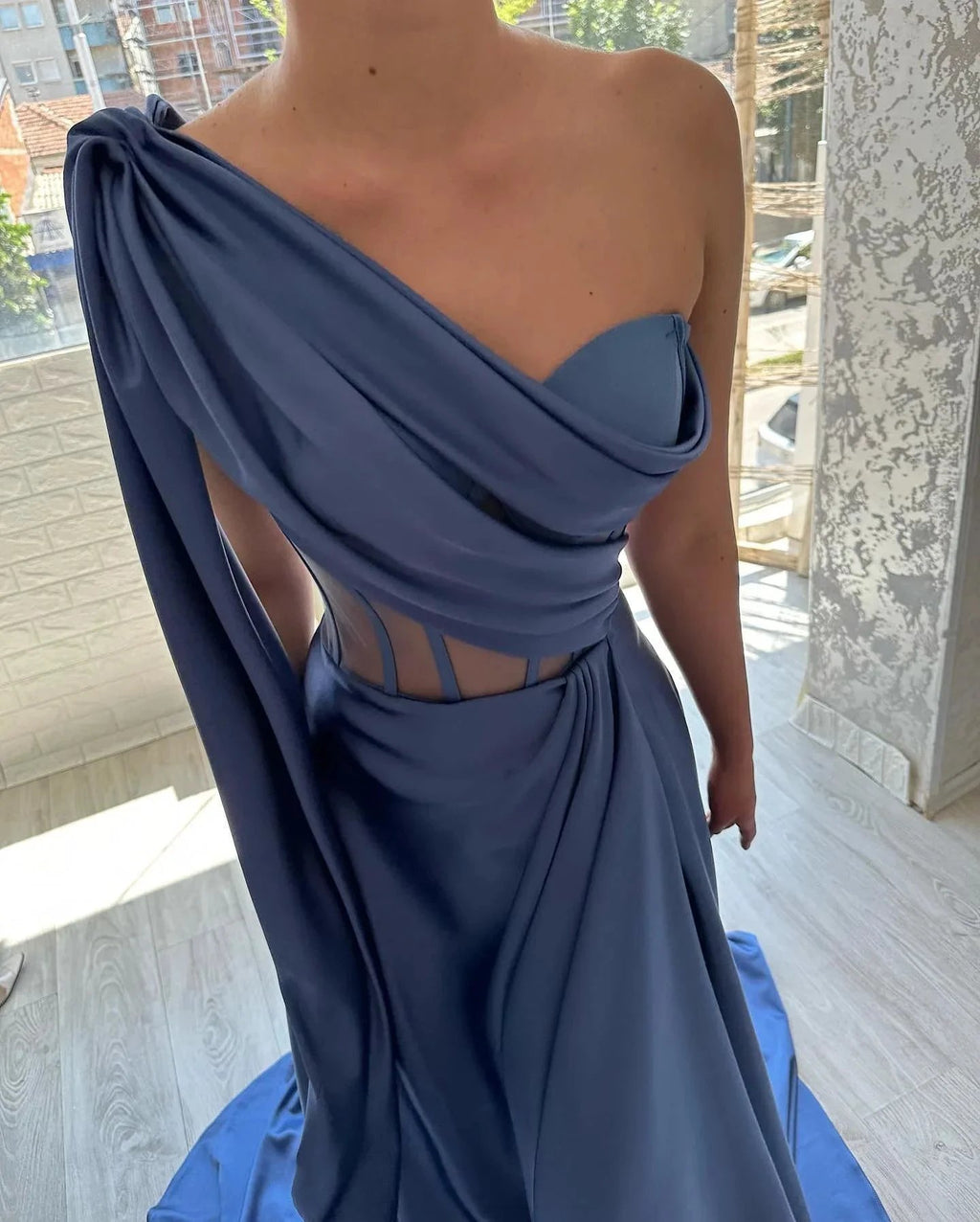 Designer Long Blue A-line One Shoulder Sleeveless Prom Dress by misshow.com