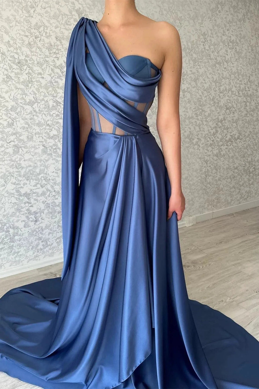 Designer Long Blue A-line One Shoulder Sleeveless Prom Dress by misshow.com