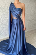 Designer Long Blue A-line One Shoulder Sleeveless Prom Dress by misshow.com