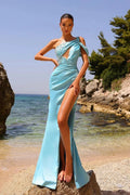 Designer Long Blue One Shoulder Sleeveless High Split Prom Dress With Stones by misshow.com