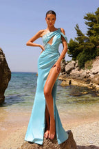 Designer Long Blue One Shoulder Sleeveless High Split Prom Dress With Stones by misshow.com