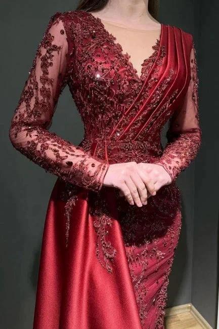 Designer Long Burgundy Lace Beading Mermaid Evening Dresses With Long Sleeves by misshow.com