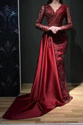 Designer Long Burgundy Lace Beading Mermaid Evening Dresses With Long Sleeves by misshow.com
