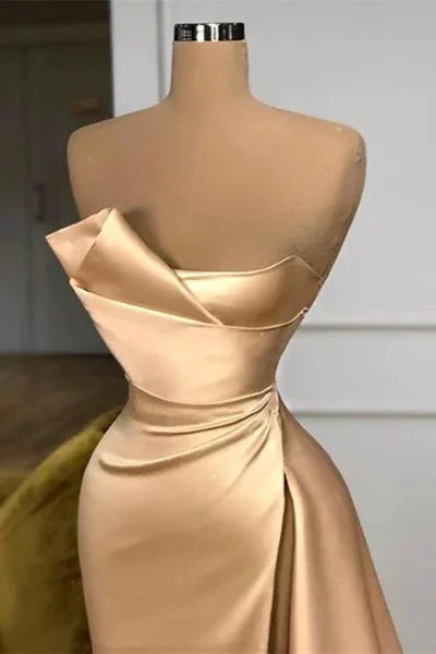 Designer Long Champagne A-line Sleeveless Split Prom Dress With Train by misshow.com