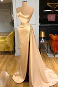 Designer Long Champagne A-line Sleeveless Split Prom Dress With Train by misshow.com