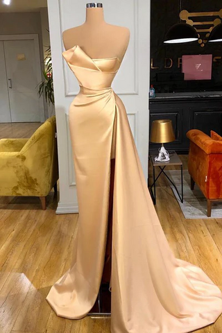 Designer Long Champagne A-line Sleeveless Split Prom Dress With Train