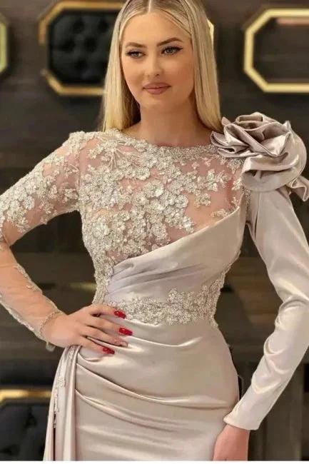 Designer Long Champagne Mermaid Lace Evening Dresses With Long Sleeves by misshow.com