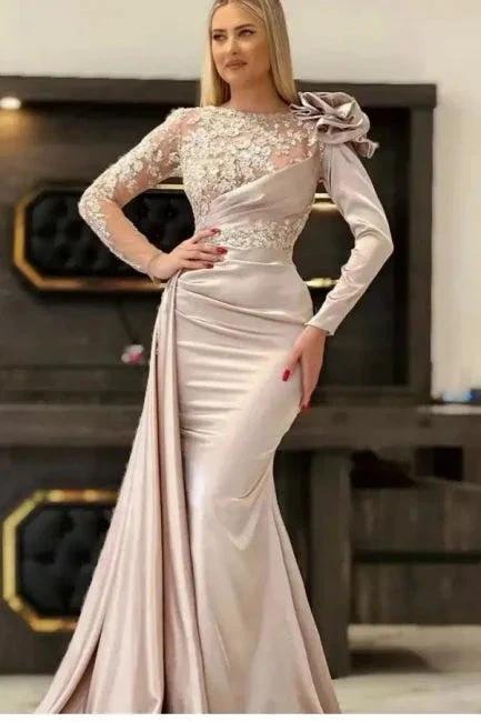 Designer Long Champagne Mermaid Lace Evening Dresses With Long Sleeves by misshow.com