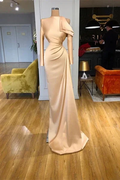 Designer Long Champagne Mermaid Satin Prom Dress With Long Sleeves by misshow.com