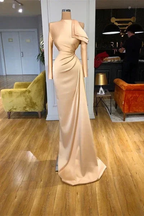 Designer Long Champagne Mermaid Satin Prom Dress With Long Sleeves by misshow.com