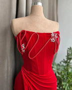Designer Long Column Red Strapless Velvet Jewels Prom Dress by misshow.com