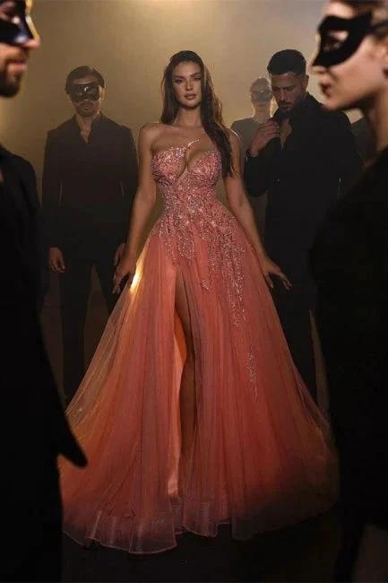 Designer Long Coral A-line One Shoulder Beading Sleeveless Evening Dresses With Slit by misshow.com