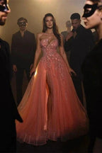 Designer Long Coral A-line One Shoulder Beading Sleeveless Evening Dresses With Slit by misshow.com