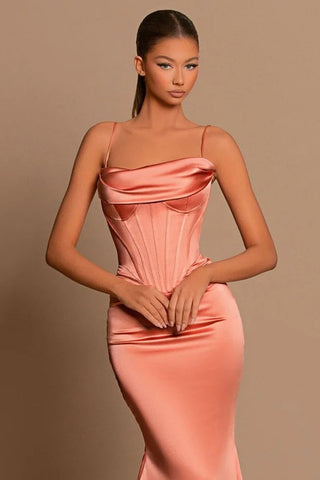 Designer Long Coral Spaghetti Straps Mermaid Sleeveless Prom Dress
