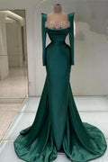 Designer Long Dark Green Beading Pearls Mermaid Prom Dresses with Long Sleeves by misshow.com