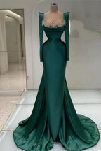 Designer Long Dark Green Beading Pearls Mermaid Prom Dresses with Long Sleeves by misshow.com