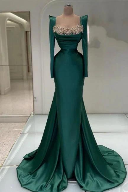 Designer Long Dark Green Beading Pearls Mermaid Prom Dresses with Long Sleeves by misshow.com