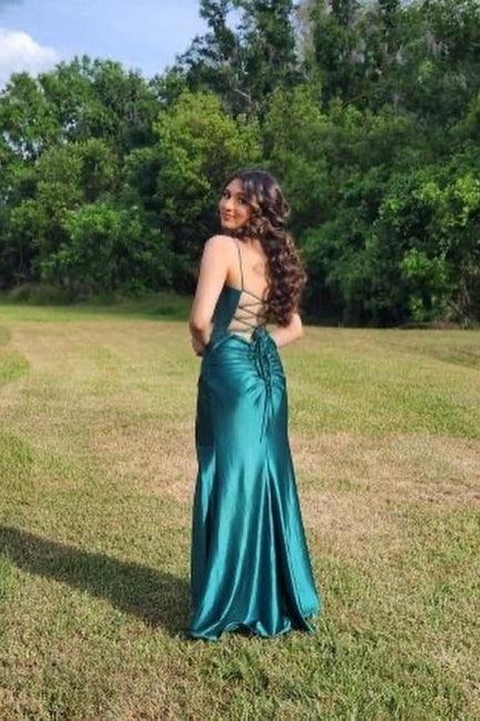 Designer Long Dark Green Sleeveless Spaghetti Straps Prom Dresses With Slit by misshow.com
