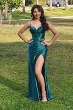 Designer Long Dark Green Sleeveless Spaghetti Straps Prom Dresses With Slit by misshow.com