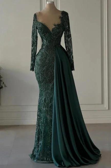 Designer Long Dark Green V-neck Lace Mermaid Prom Dresses with Long Sleeves by misshow.com