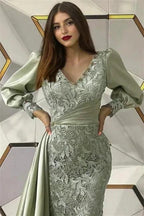 Designer Long Dusty Sage Mermaid Long Sleeves Evening Dresses With Lace by misshow.com
