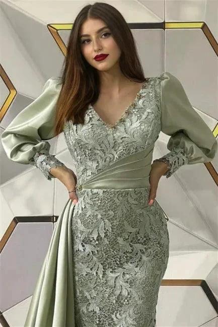 Designer Long Dusty Sage Mermaid Long Sleeves Evening Dresses With Lace by misshow.com