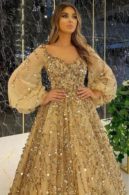 Designer Long Gold A-line Lace Sequined Long Sleeves Evening Dresses With Glitter by misshow.com