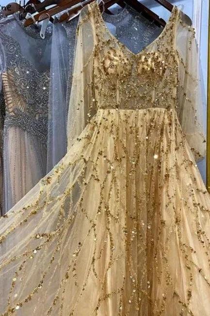 Designer Long Gold A-line Lace Sequined Long Sleeves Evening Dresses With Glitter by misshow.com