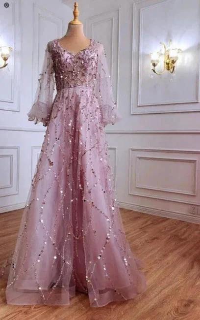 Designer Long Gold A-line Lace Sequined Long Sleeves Evening Dresses With Glitter by misshow.com