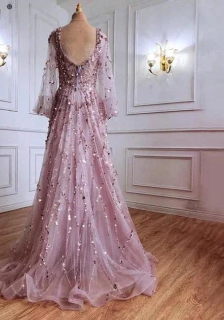 Designer Long Gold A-line Lace Sequined Long Sleeves Evening Dresses With Glitter by misshow.com