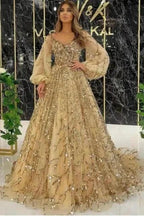 Designer Long Gold A-line Lace Sequined Long Sleeves Evening Dresses With Glitter by misshow.com