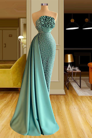 Vestido de fiesta largo verde sirena sin mangas con volantes y cuentas de diseñador