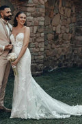 Designer Long Ivory Mermaid Strapless Lace Wedding Dress with Train by misshow.com