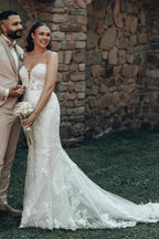 Designer Long Ivory Mermaid Strapless Lace Wedding Dress with Train by misshow.com