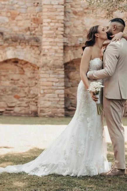 Designer Long Ivory Mermaid Strapless Lace Wedding Dress with Train by misshow.com