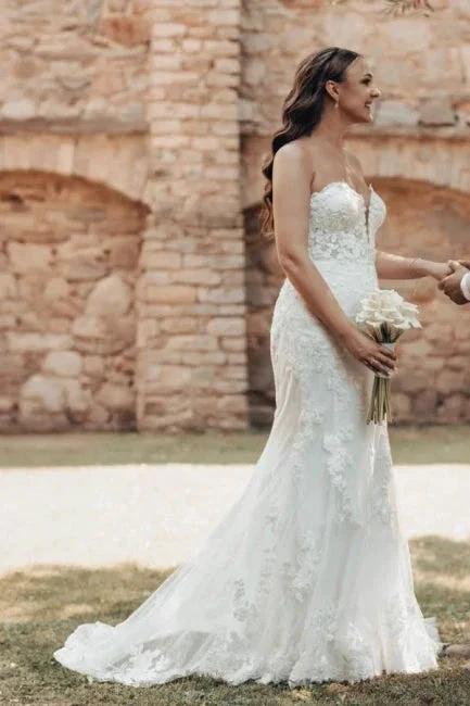Designer Long Ivory Mermaid Strapless Lace Wedding Dress with Train by misshow.com