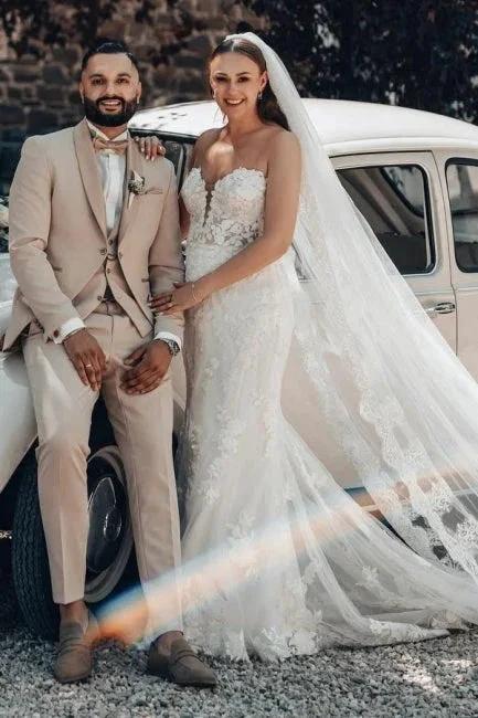 Designer Long Ivory Mermaid Strapless Lace Wedding Dress with Train by misshow.com