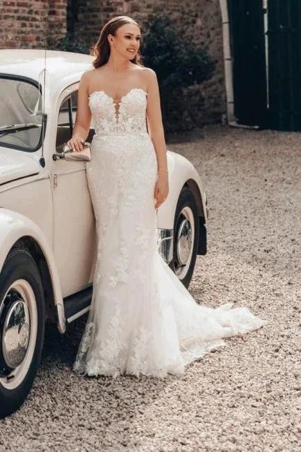 Designer Long Ivory Mermaid Strapless Lace Wedding Dress with Train by misshow.com